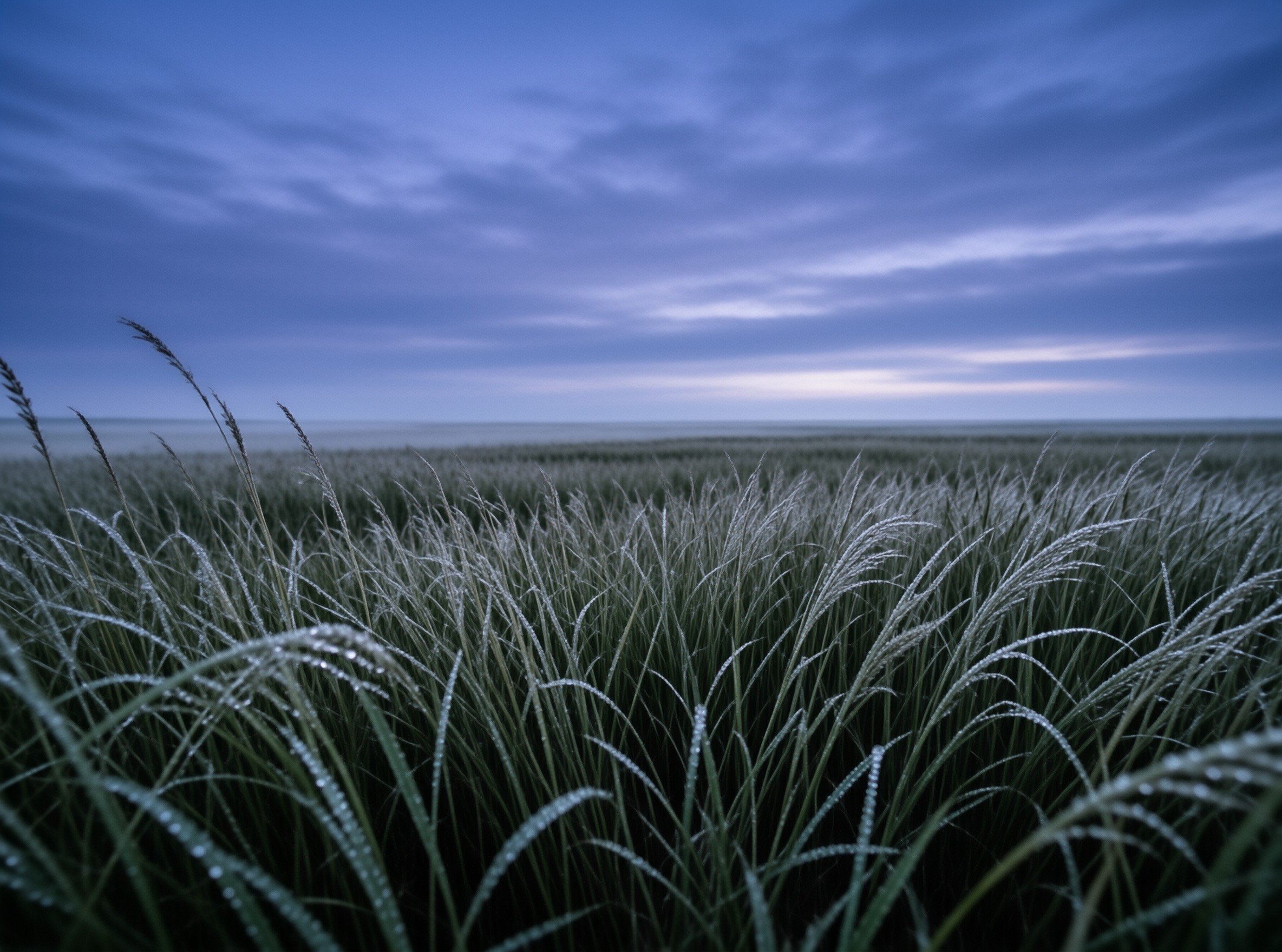 Dew speckled reed grasses stretch across a flat wetland under a cool blue and pale violet twilight sky.