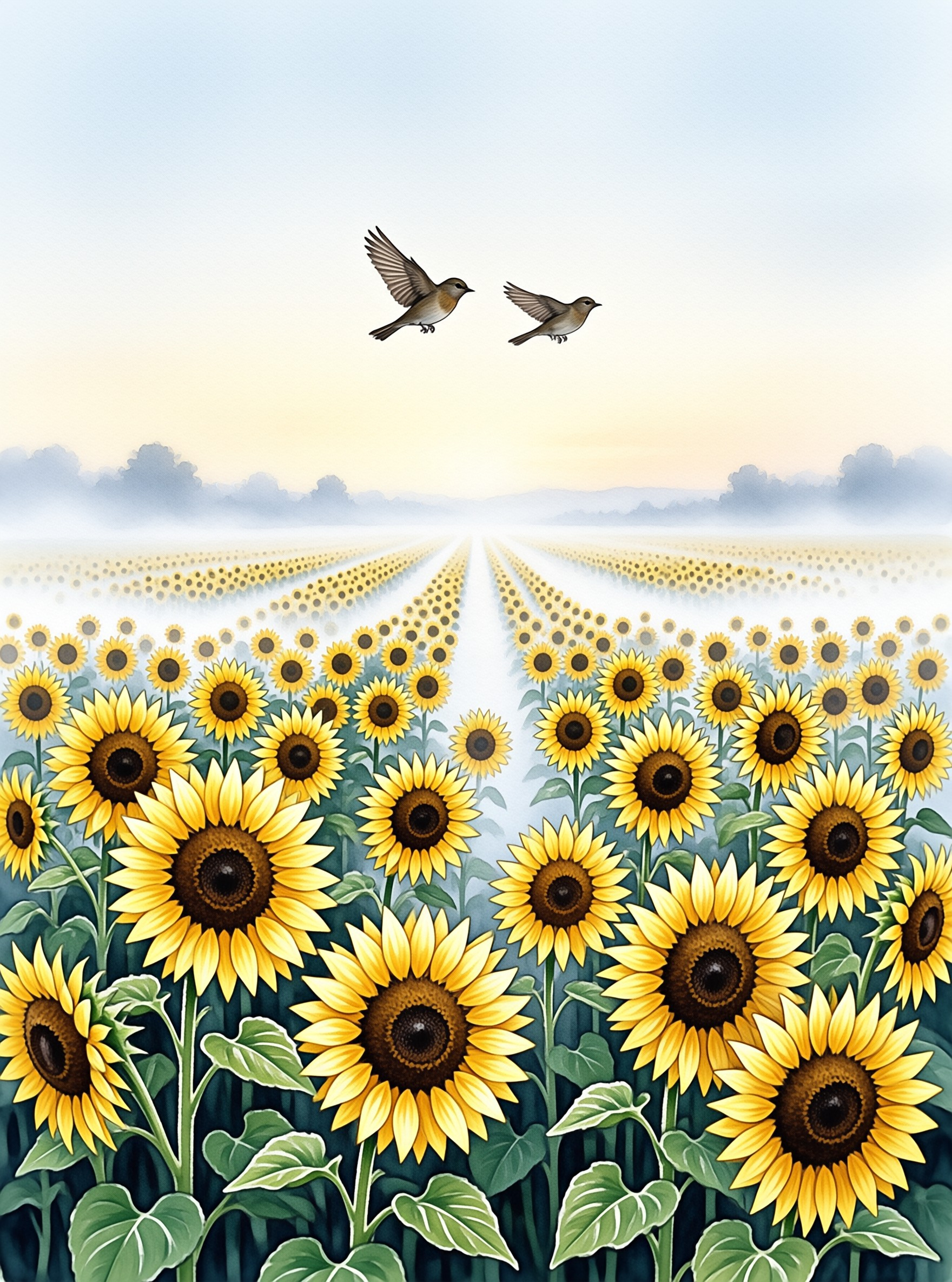 A digital painting of a sunflower field stretching to a misty horizon with two birds flying in a pale sky.