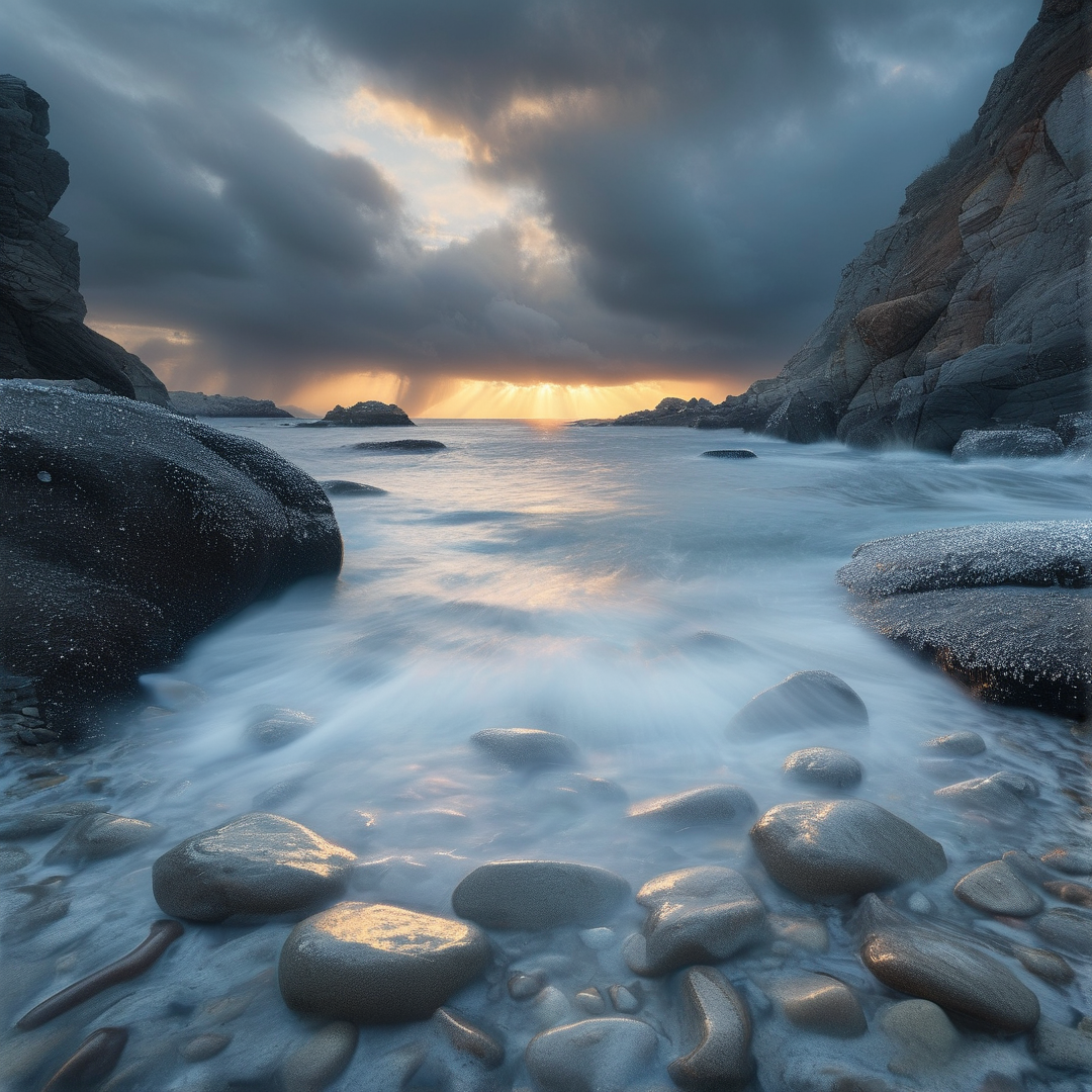 Ocean waves wash over smooth pebbles as golden light breaks through heavy clouds in a dramatic coastal landscape.