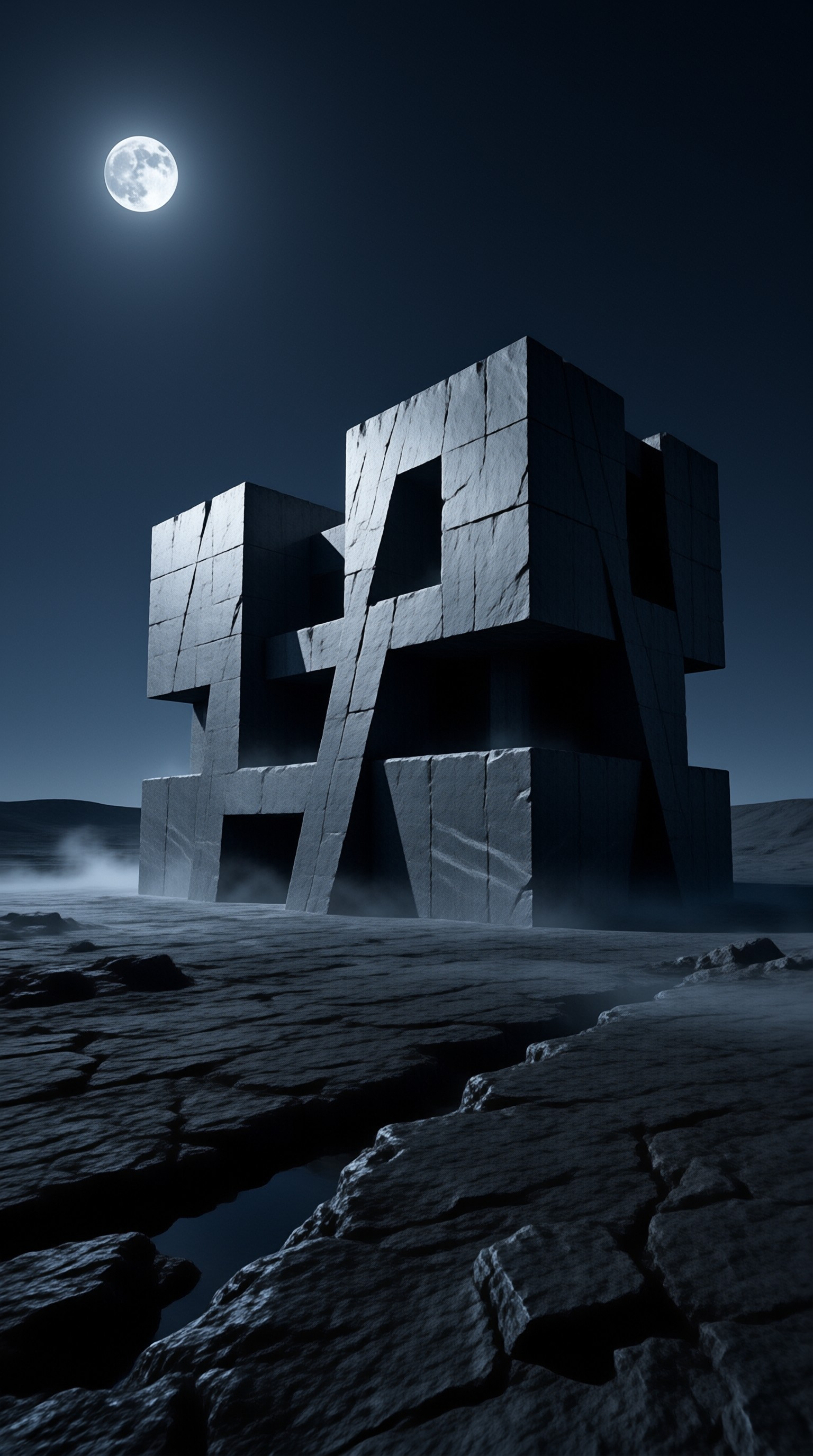 A massive geometric stone cross rises above a fissured rocky plain while a luminous moon shines brightly in the dark sky.