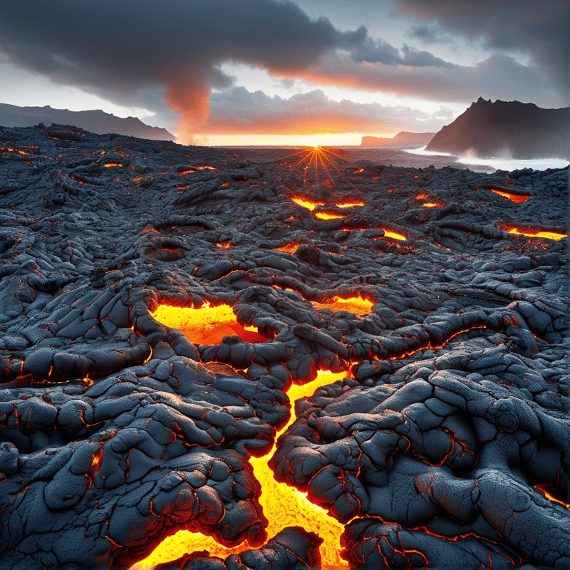 Volcanic Lava Flow at Sunset