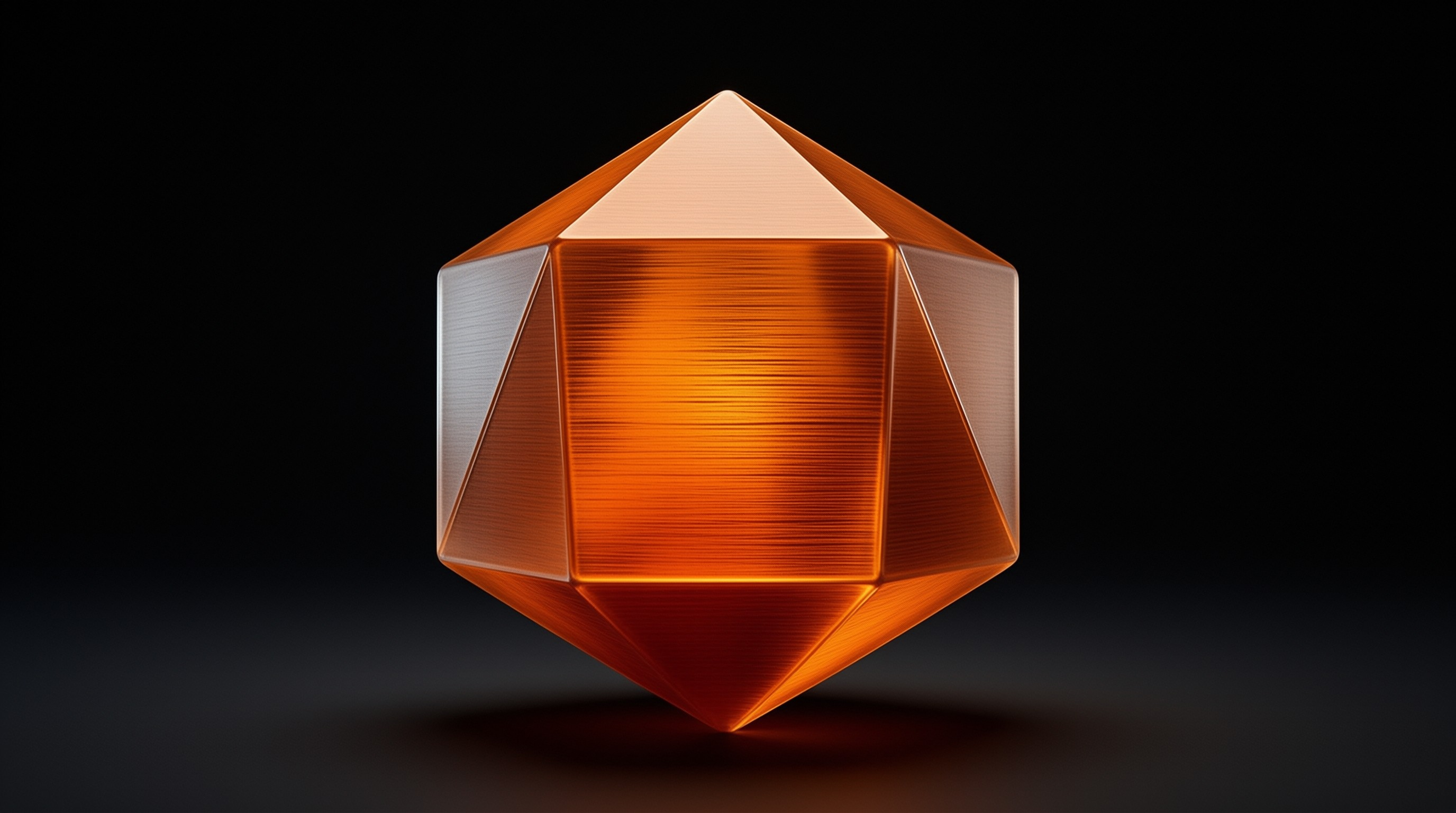 A metallic copper polyhedron floats above a black background with bright highlights on its edges.