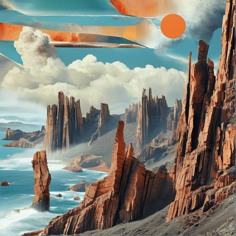 Surreal landscape with tall red rock spires rising from blue ocean waves beneath a stylized sky.