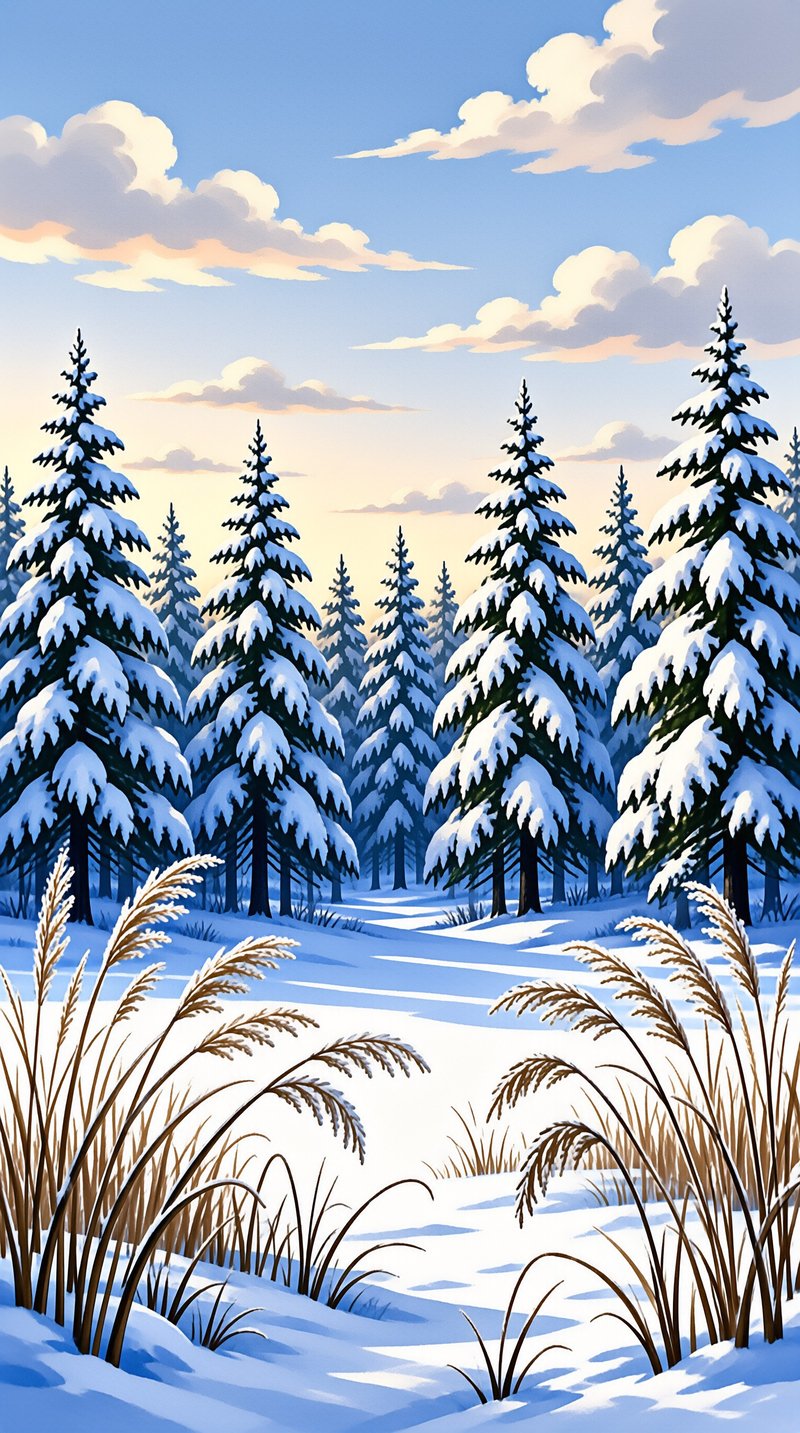 Pine Trees Bathed In Golden Winter Light