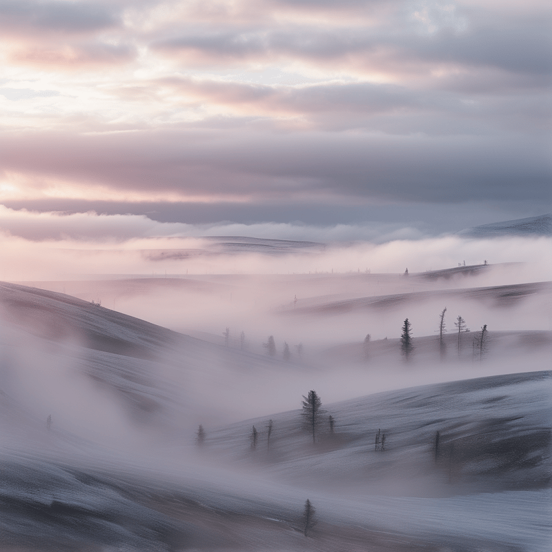 Snowy Hills in Morning Fog