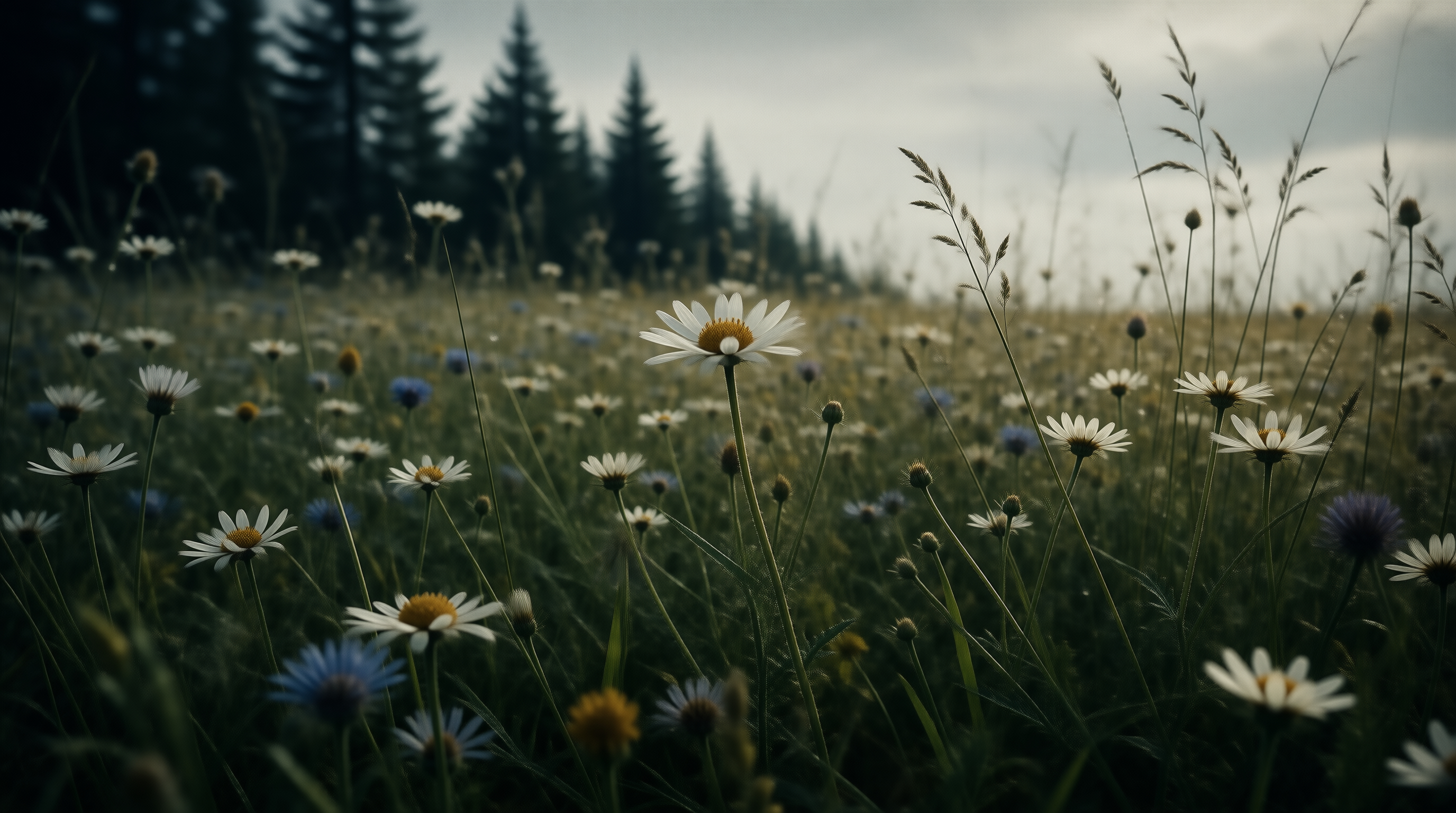 Wildflower Meadow with Daisies and Pines