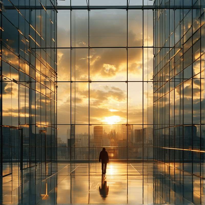 A person walks down a reflective floor inside a glass structure facing a golden sunset over a distant city skyline.