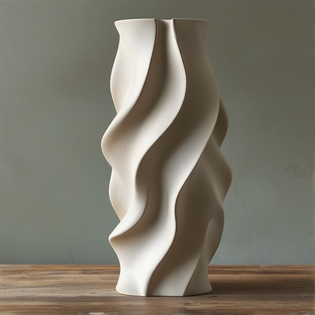 A tall white vase featuring wavy vertical curves rests on a wooden surface against a muted wall.