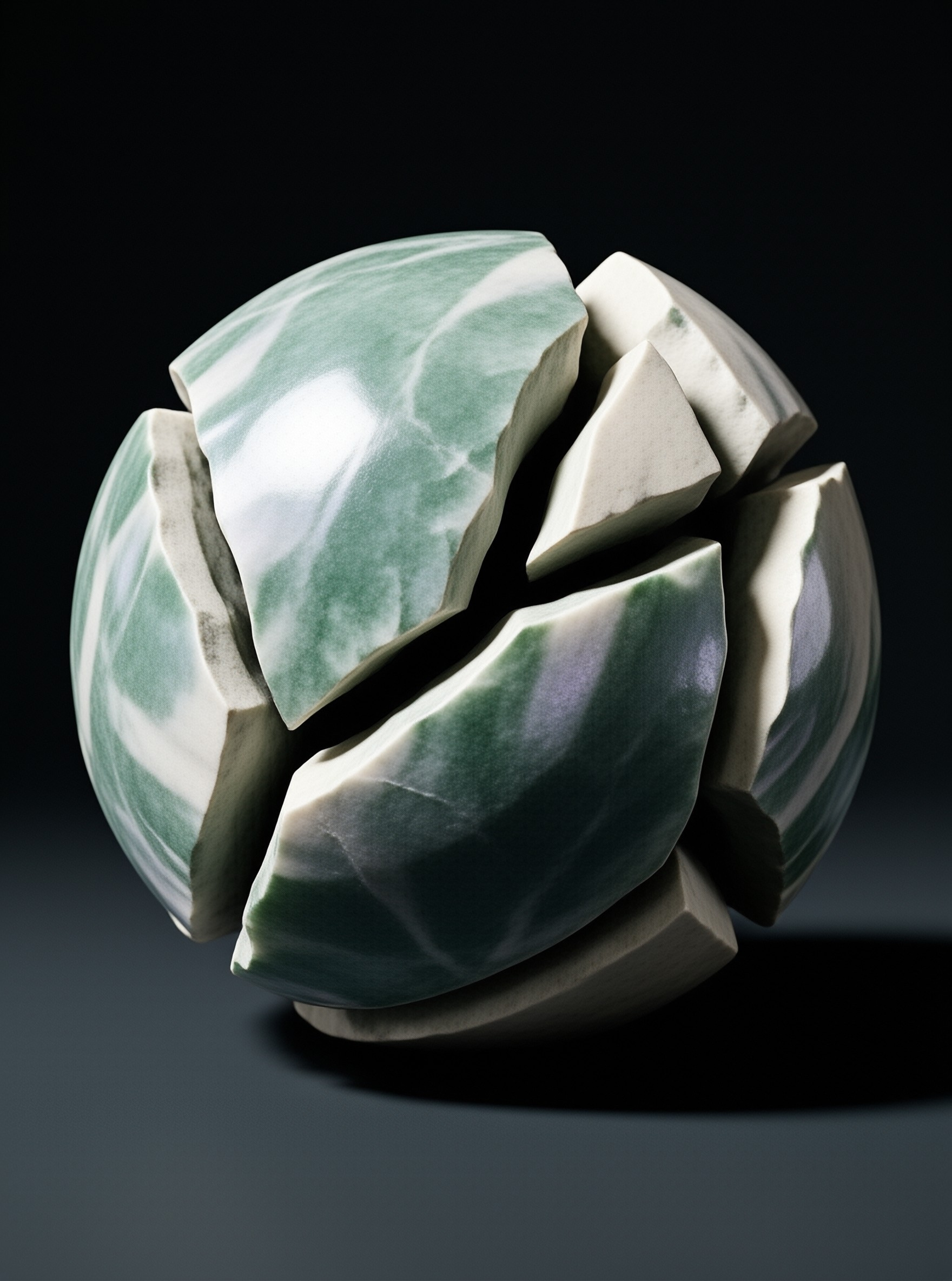 A shattered green marble sphere floats on a black void with broken pieces revealing rough stone texture under light.