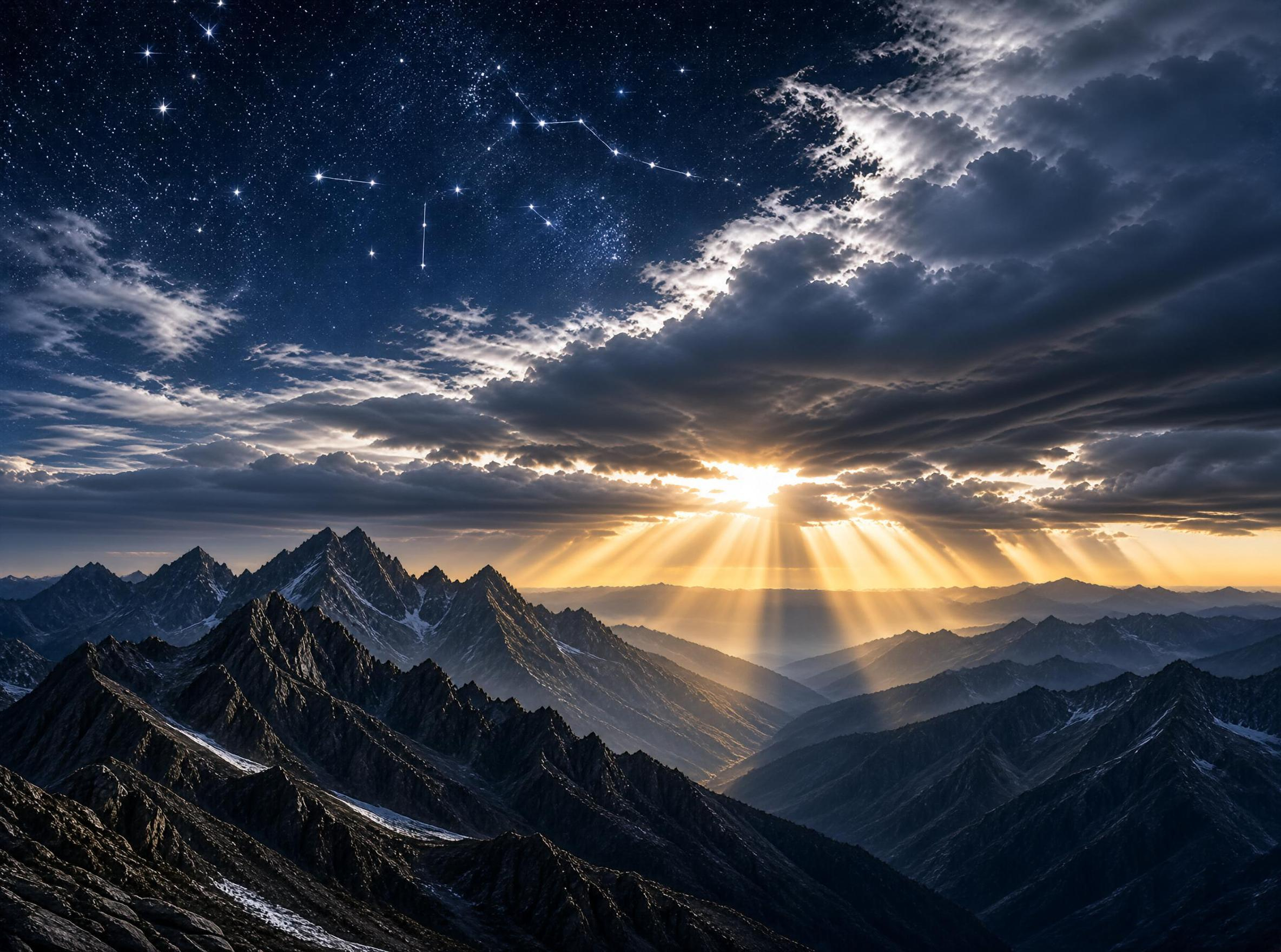 Mountain Night with Stars and Sunbeams