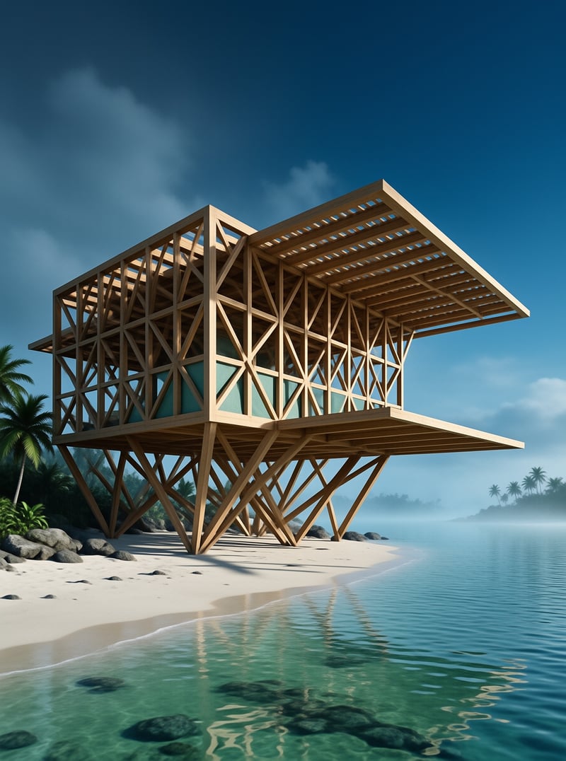 An open timber lattice structure raised on angled legs above white sand beside calm turquoise sea.