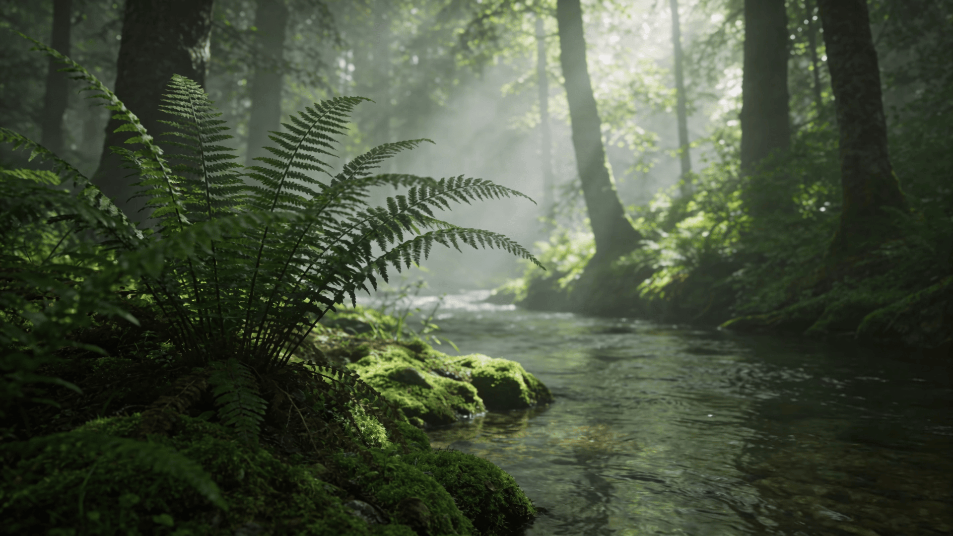 Misty Healing Forest with Sunlit Ferns