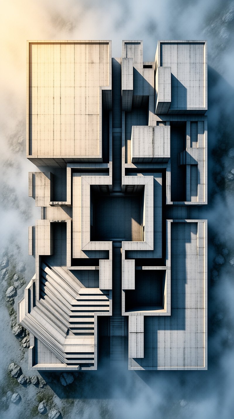 An overhead look at interlocking concrete blocks, stairways and courtyards partly veiled by drifting mist.