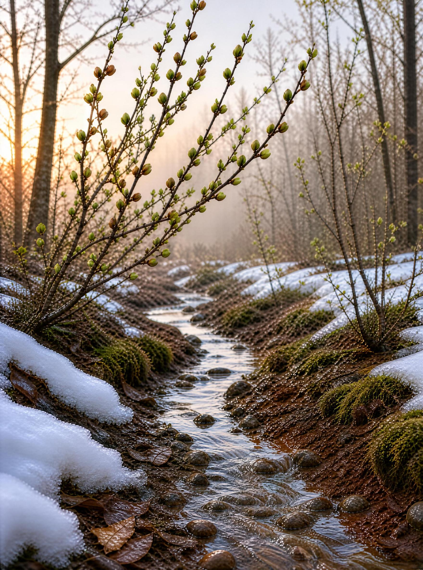Spring Stream with Snow