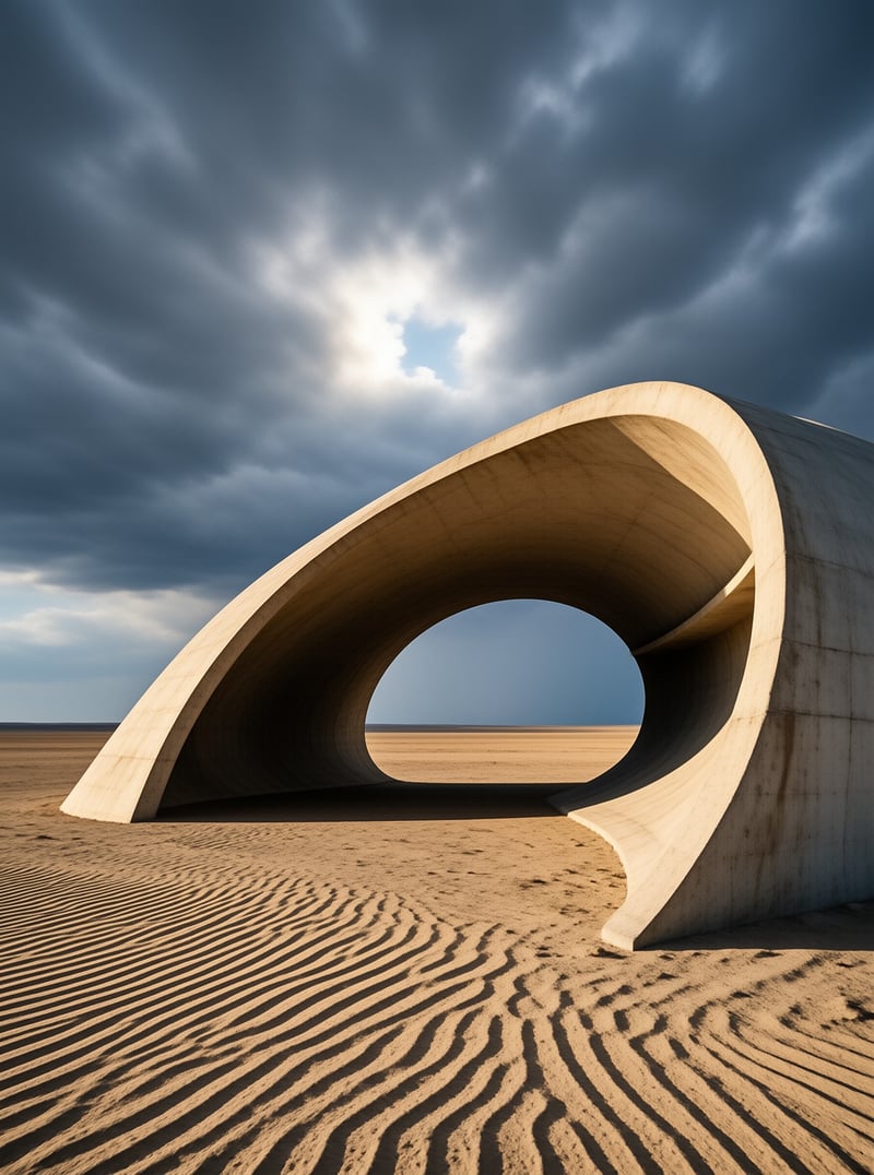 A massive curved concrete archway rises from the sandy desert beneath a dramatic cloudy sky.