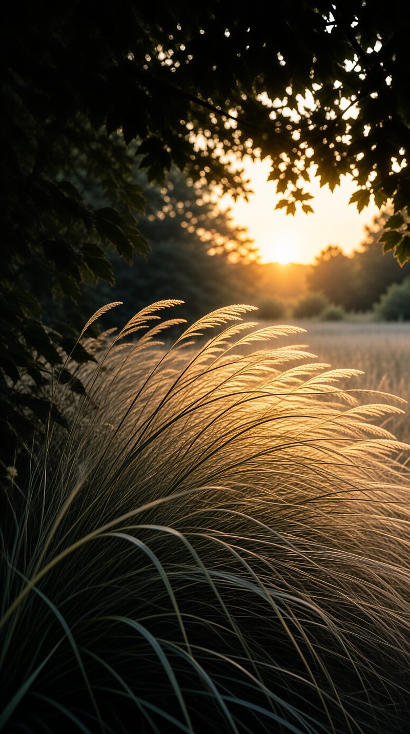 Tall feathery grasses glow golden as the sun sets behind a dark leafy tree frame.