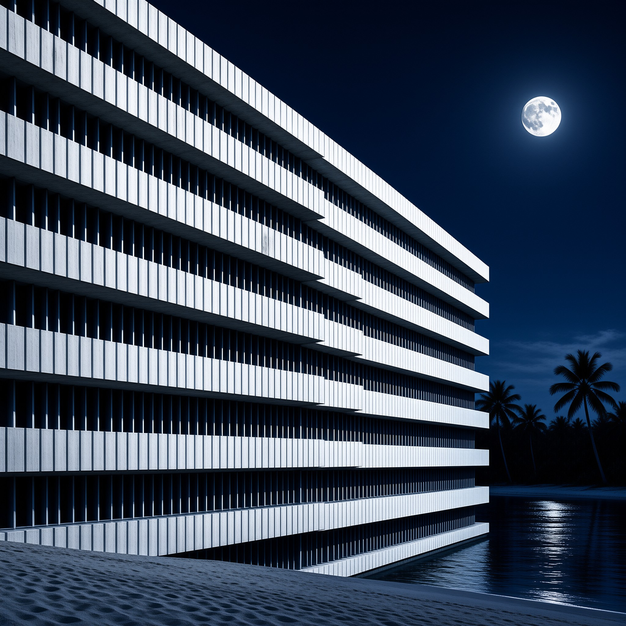 A modern white building with horizontal lines stands on a sandy beach at night with a full moon in the sky.