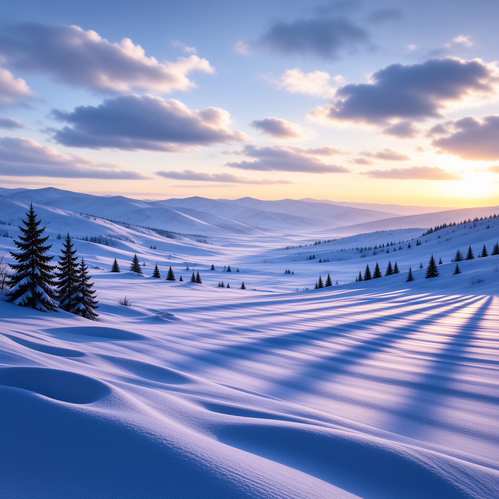 Rolling white hills dotted with dark evergreens under a sky filled with warm evening clouds.