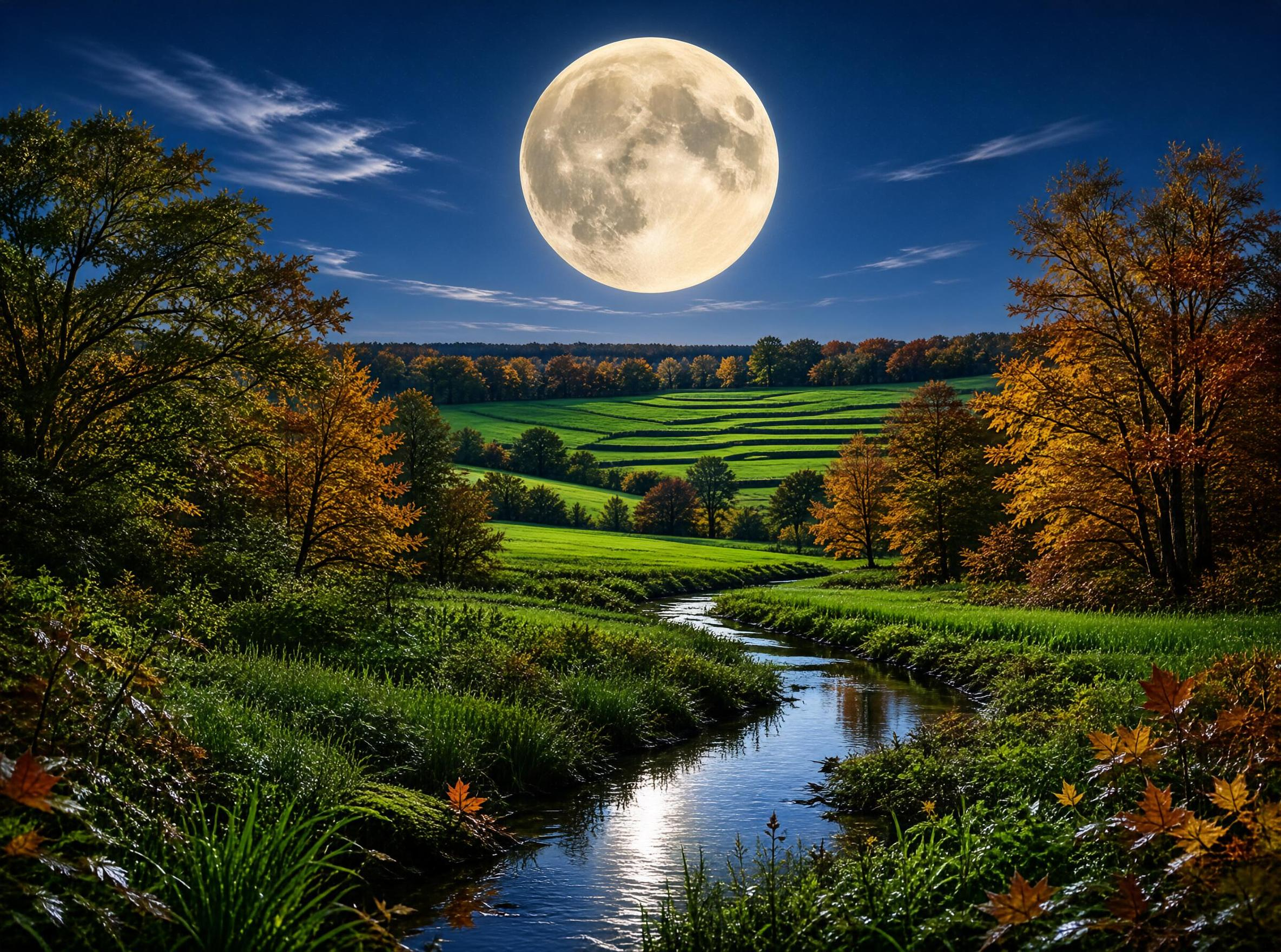 Moonlit Autumn River Scene