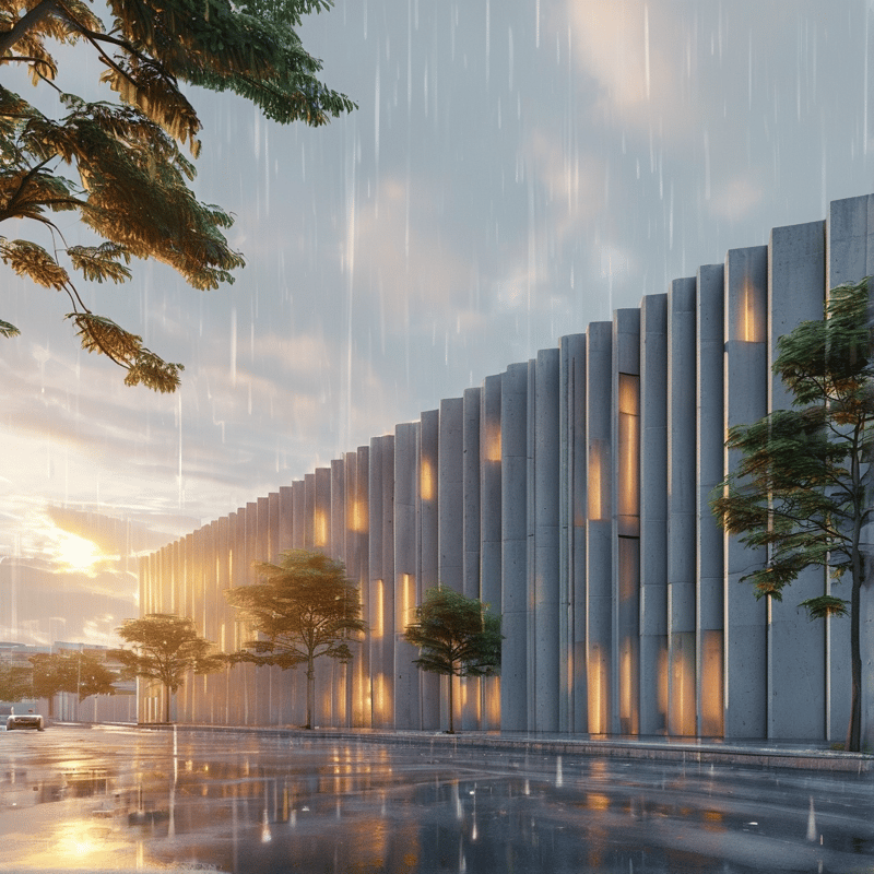 Vertical concrete facade with warm glowing slats stands along a wet rainy street under soft sunset light