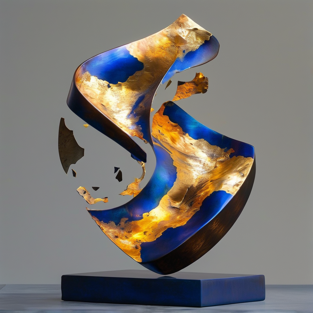 A twisted metal ribbon sculpture rests on a dark blue base against a gray background.