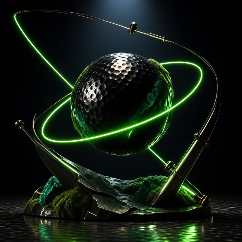 A dimpled golf ball planet sits within a metal armillary sphere featuring bright green neon rings and a mossy rocky base.
