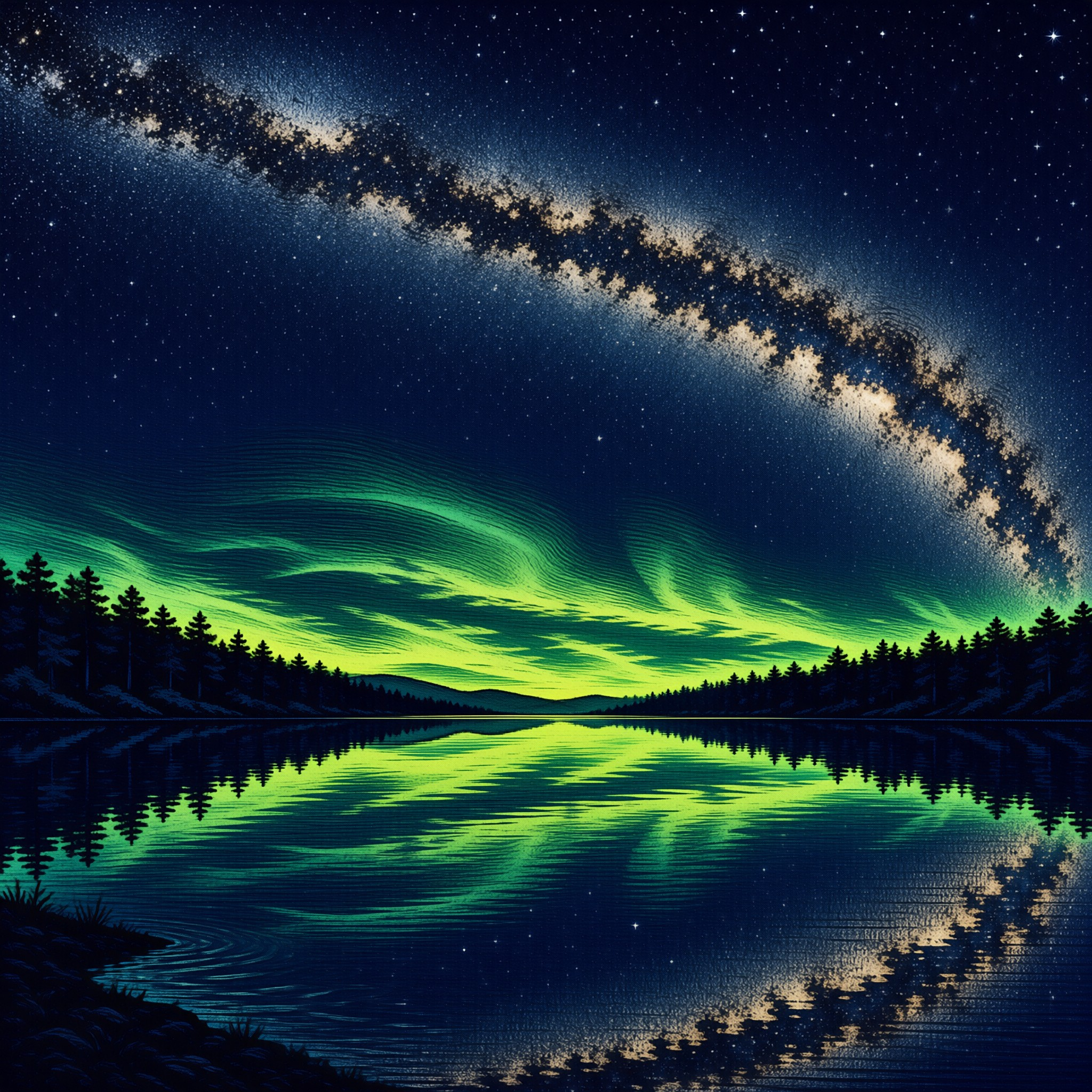 Green northern lights sweep across a dark lake mirrored by pine silhouettes beneath a star filled band of the Milky Way.
