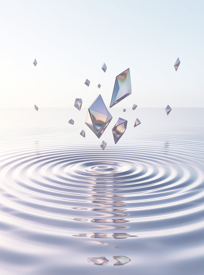 Iridescent geometric diamond shapes float midair above a calm water plane that generates soft concentric ripples under pastel light.