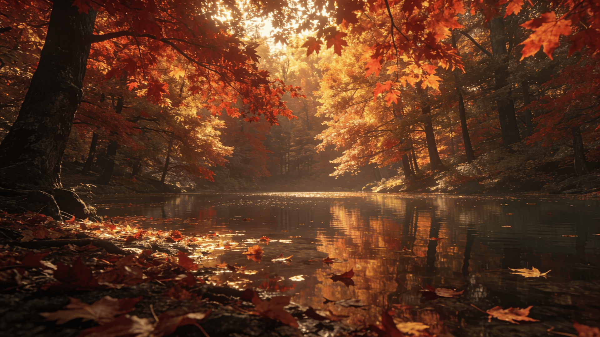 Red Maple Canopy Over a Calm Lake