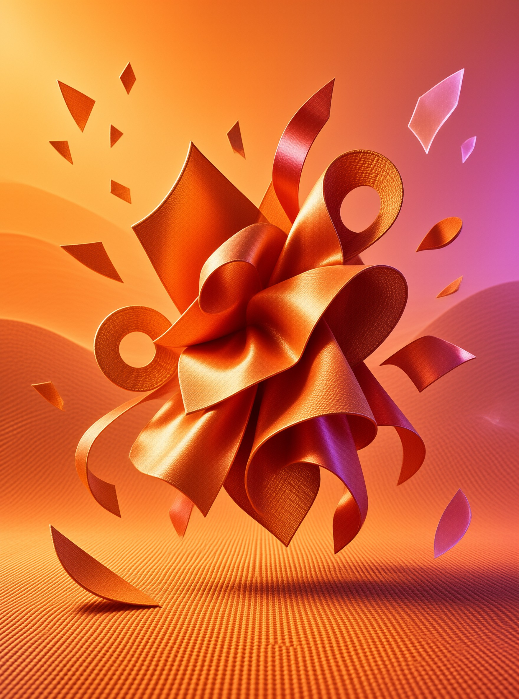 A glossy satin gift bow in warm copper tones shatters into floating shards against a rippled orange gradient.