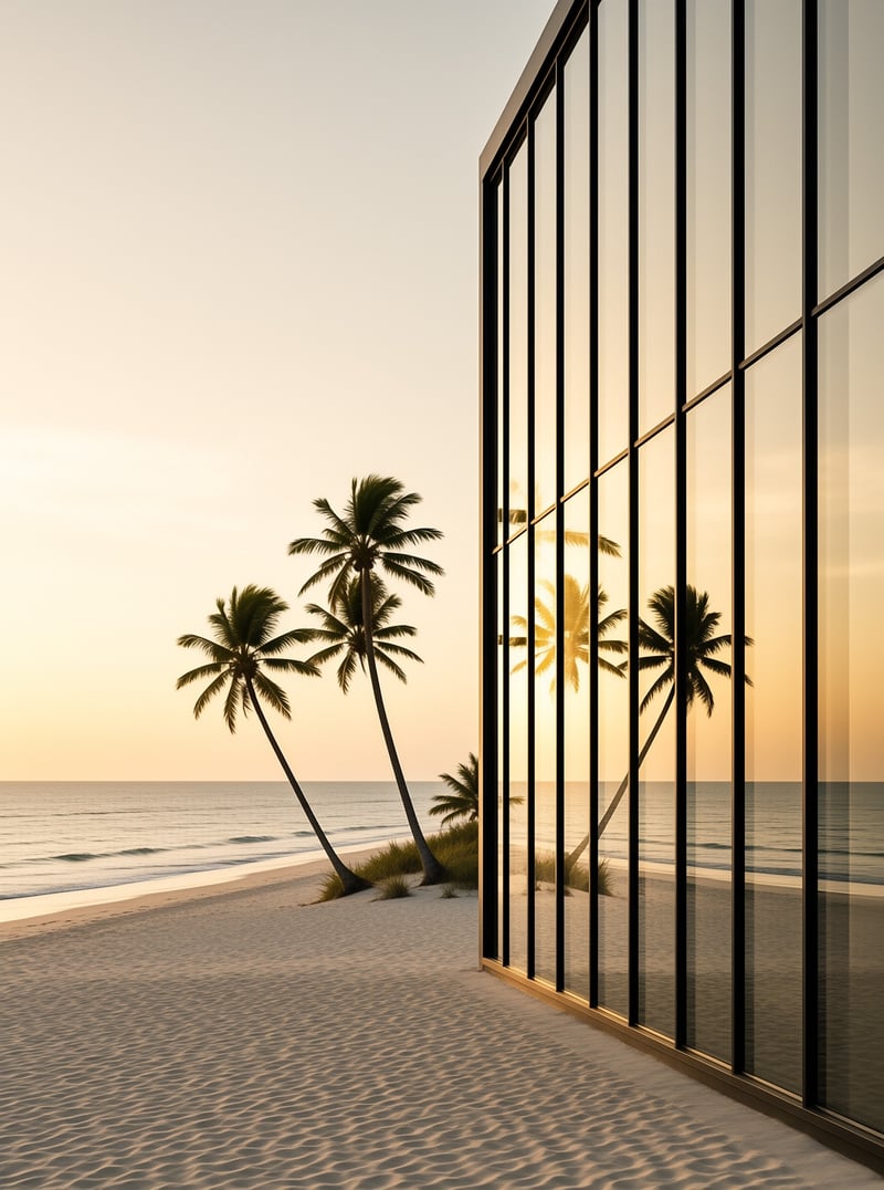 A modern glass building stands on a sandy beach while leaning palm trees frame the ocean under a warm sky.