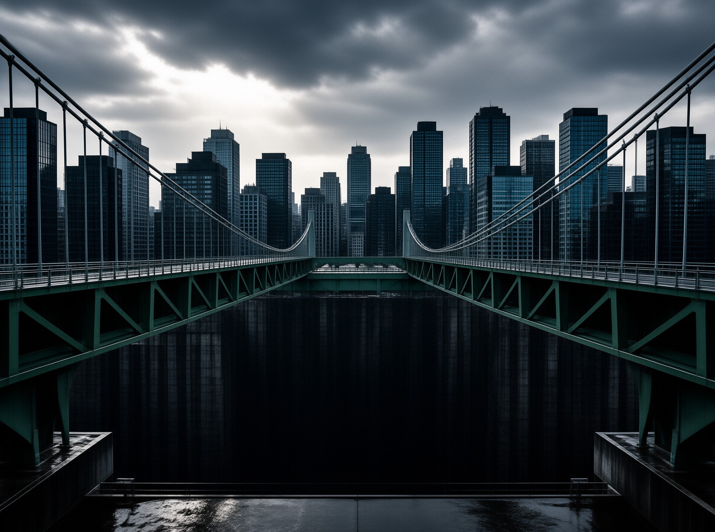 A symmetrical green bridge crosses dark water with a skyline of skyscrapers under clouds.