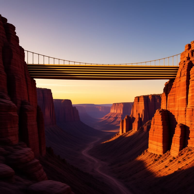 A slender golden bridge stretches between towering red cliffs as warm evening light floods the deep gorge.