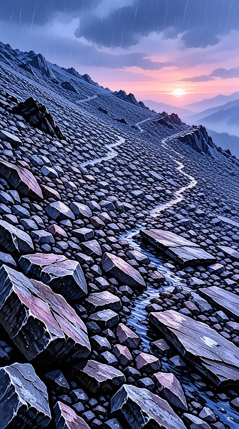 Two pale streams snake down a slope of angular blue boulders while rain falls toward a low sun above distant ridgelines.