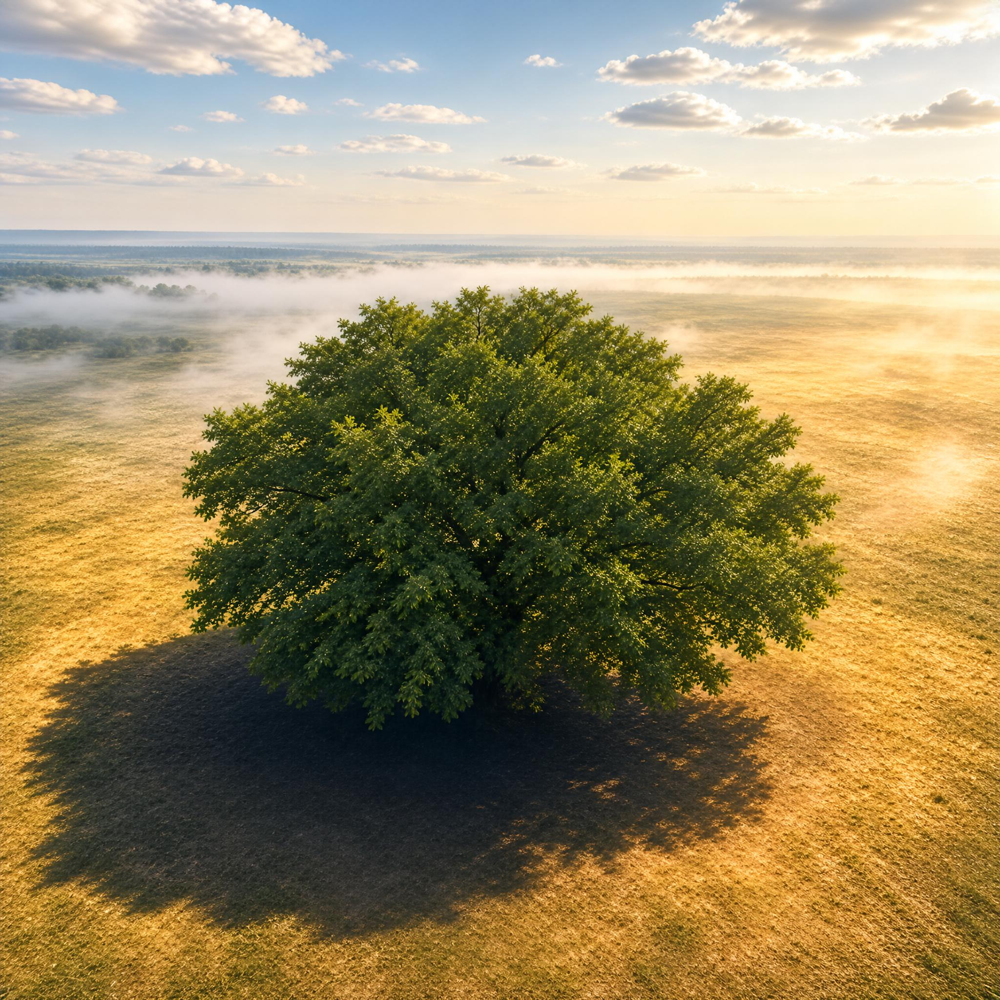 Lone Tree in Misty Field