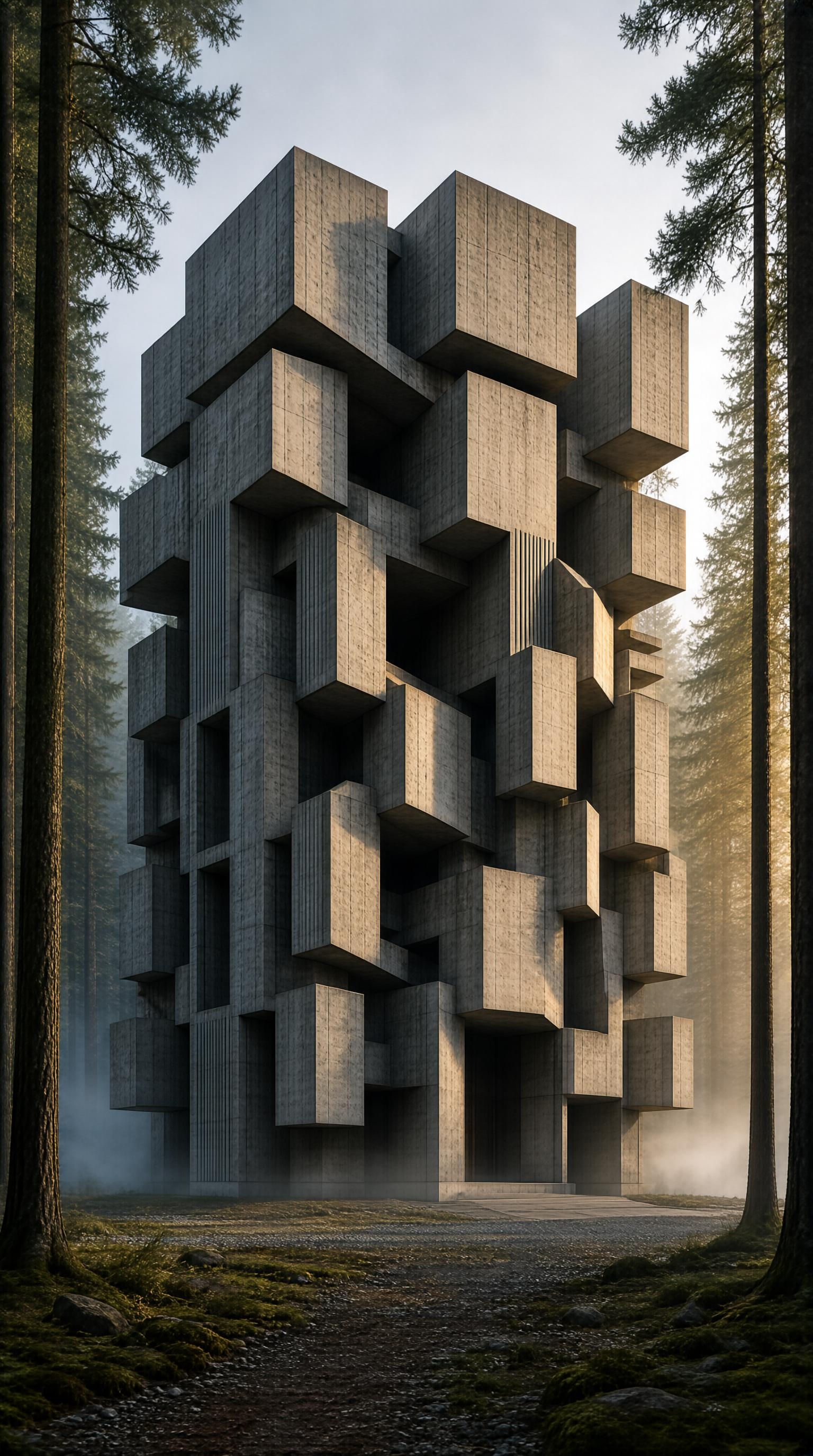 Concrete Block Tower in Forest