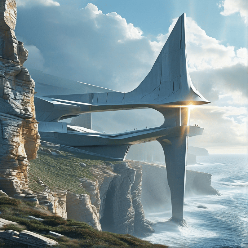 Futuristic Cliffside Spire in Golden Haze
