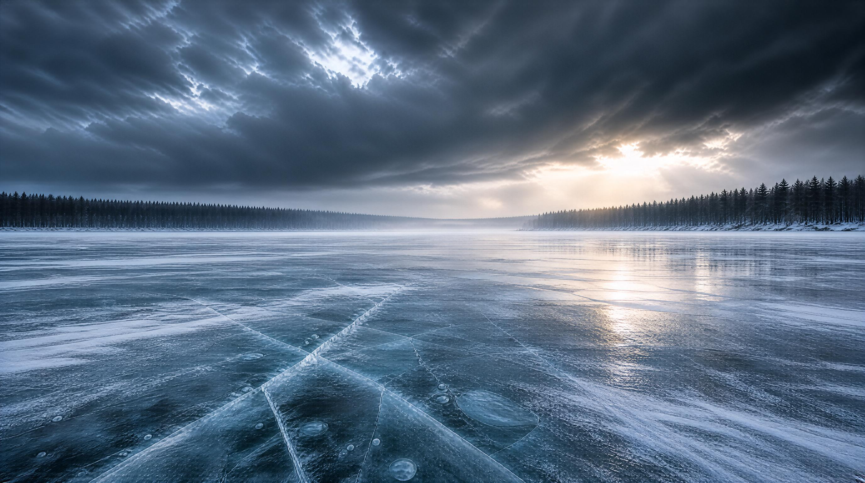 Frozen Lake Under Stormy Sky