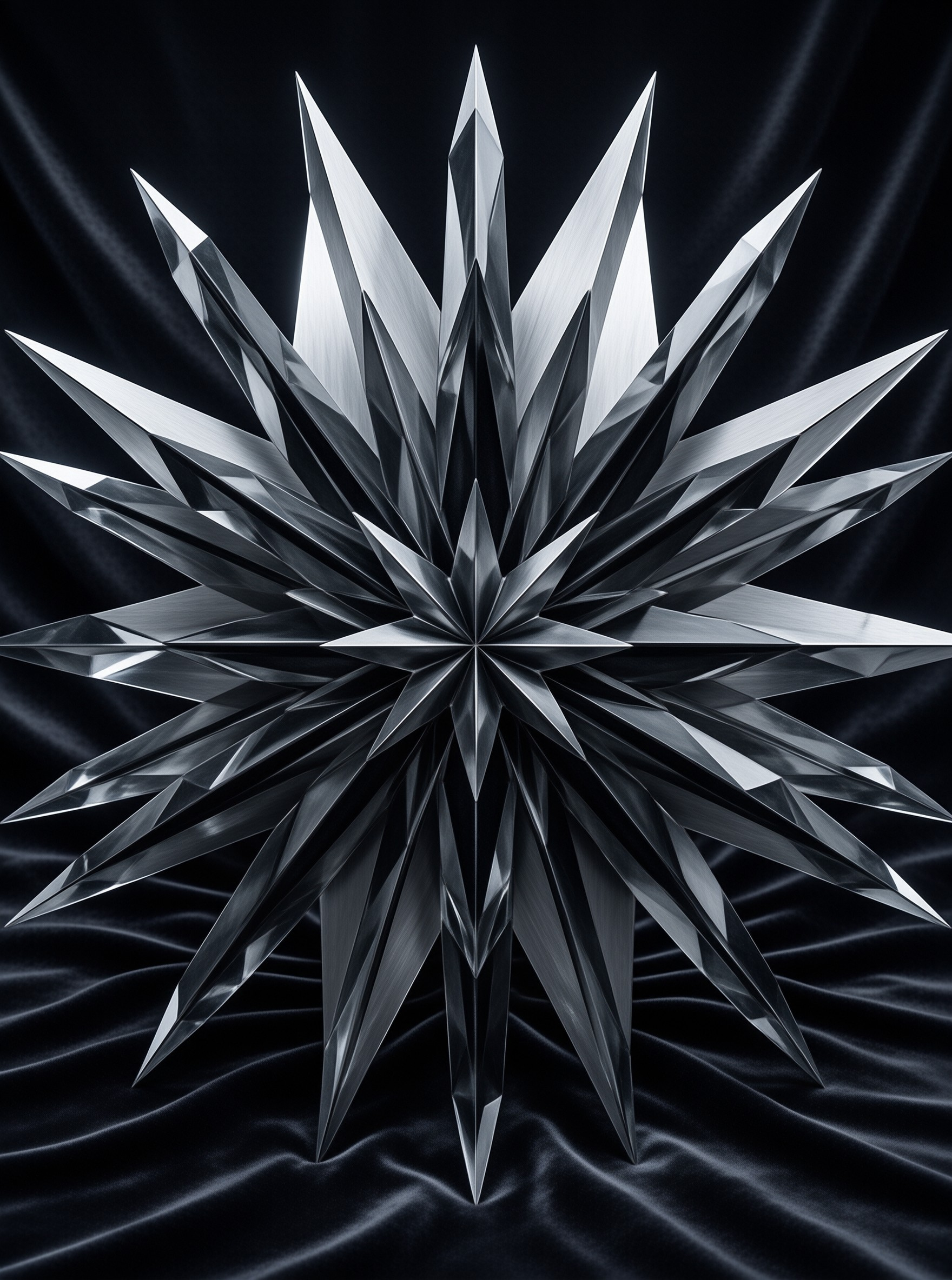 A polished metallic starburst rests on a dark velvet surface with soft folds and high contrast lighting.