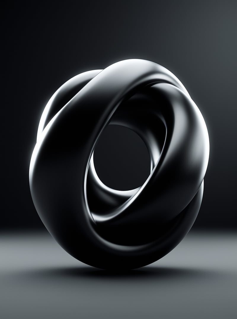 A polished black ribbon sculpture twists into a knot, catching white highlights against a dark grey studio backdrop.