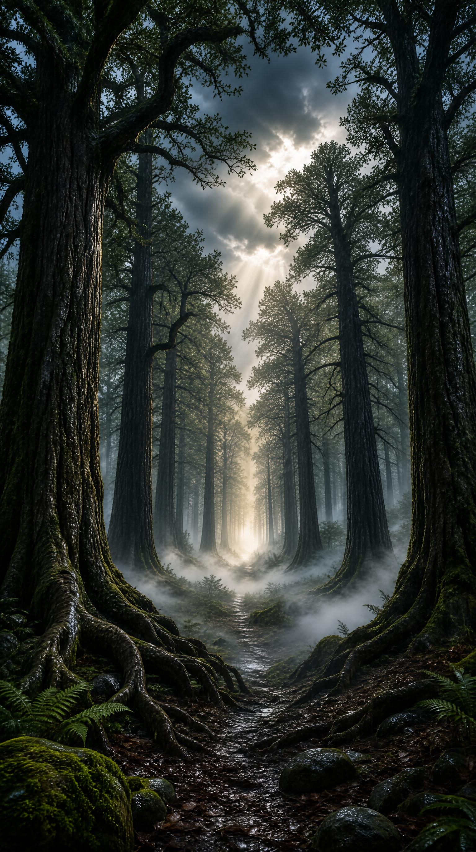 Sunbeam Through Foggy Forest