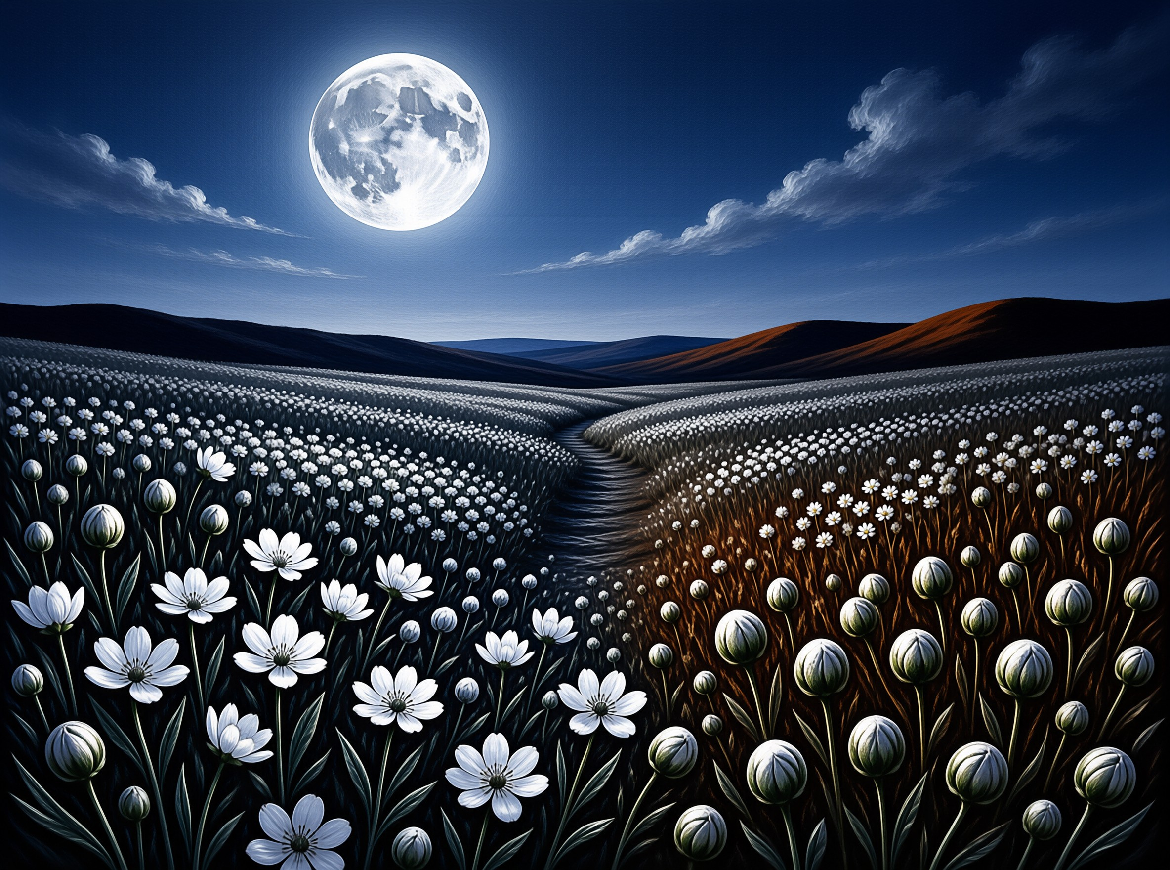 A winding dirt path leads through a vast field of white flowers beneath a massive bright full moon in a deep blue night sky.