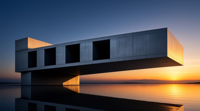 A minimalist concrete structure with square openings hovers over a glassy lake at sunset.