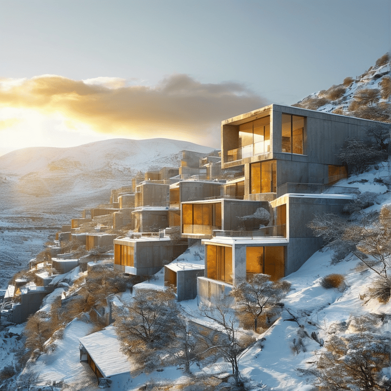 Geometric concrete houses are built into a snow-covered hillside illuminated by warm golden sunlight from the horizon.
