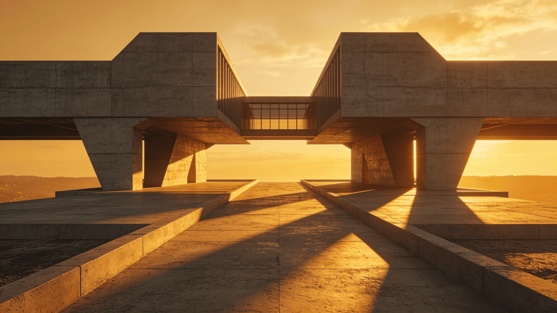 Bridge with Brutalist Massing — Golden Sunset