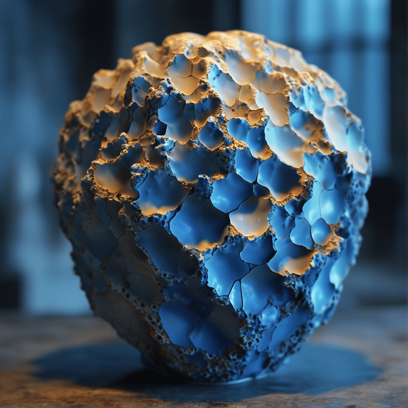 A large textured object with deep blue cells and golden edges glows softly on a wooden surface against a blurred backdrop.