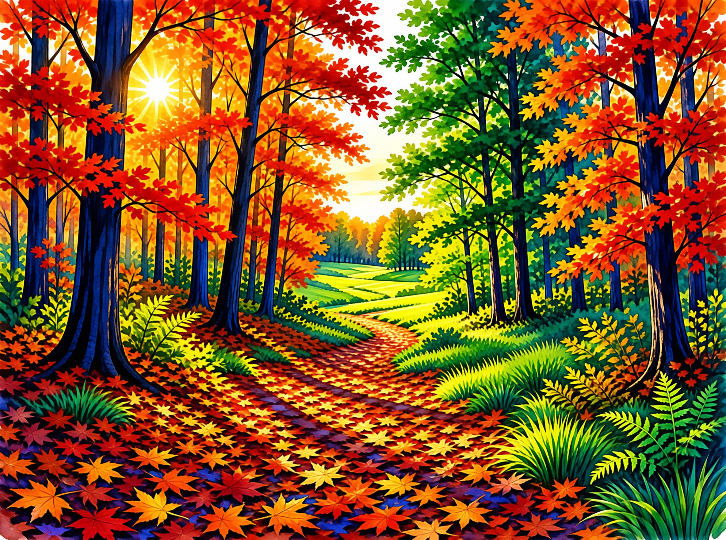 A winding trail covered in leaves leads through a colorful forest of red and orange trees under a bright sun.