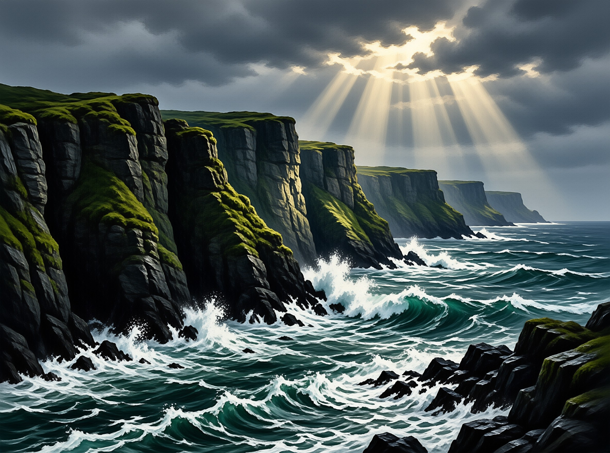 Steep grassy cliffs rise above a turbulent sea as bright beams of sunlight pierce the heavy dark clouds overhead.