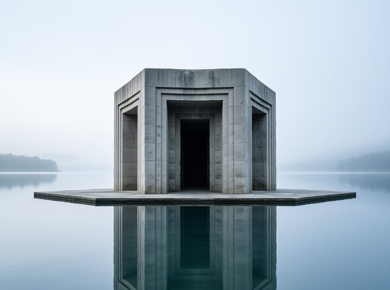 A stone building stands on a platform extending into still water surrounded by fog and soft light creating a reflection.