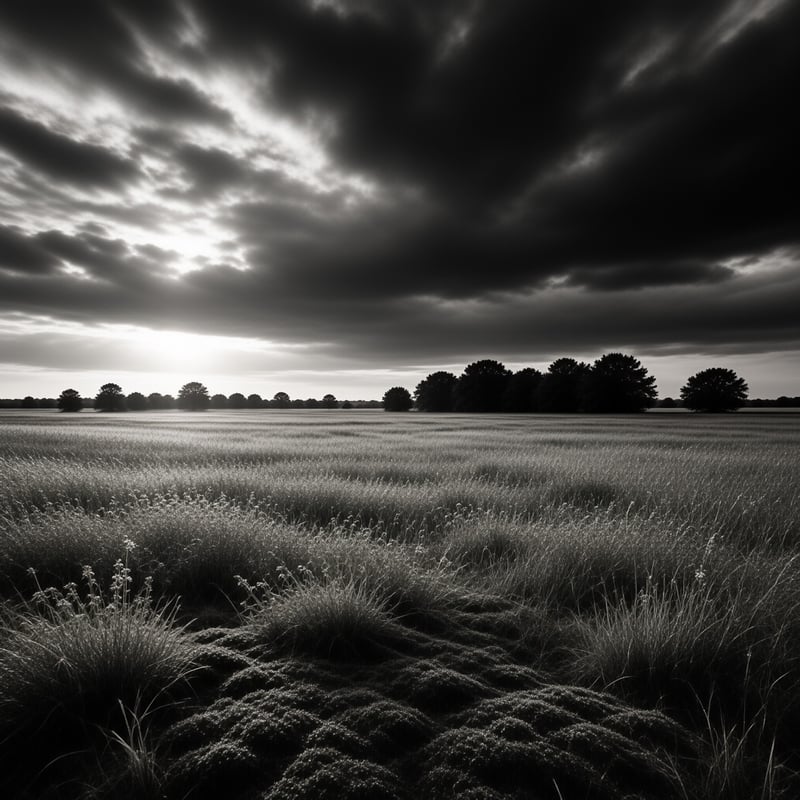 A monochrome view of a vast grassy plain with distant trees silhouetted against a dramatic cloudy sky.